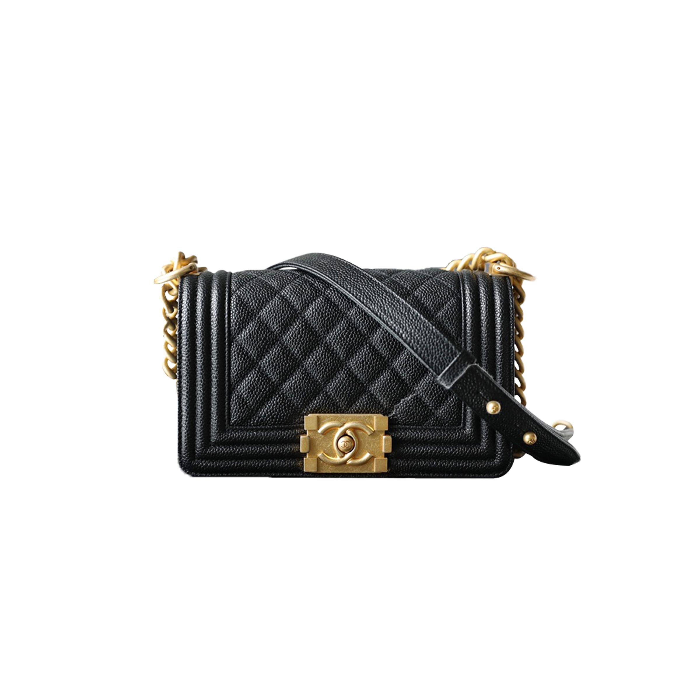 CHANEL MASTER SMALL BLACK CAVIAR LE BOY FLAP BAG WITH GOLD CHAIN A67085 (20.5*12*8.5cm)